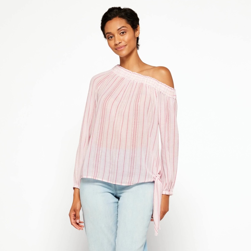 Michael Kors Dusty Rose Off The Shoulder Striped Top with Side Tie Long Sleeve